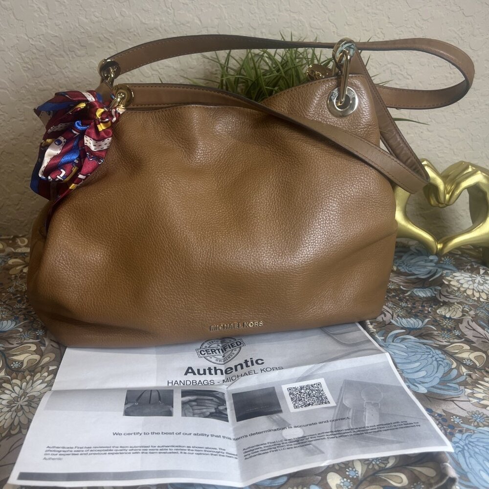 Michael Kors Raven Large Leather Shoulder Bag Brown Gold Hardware With COA